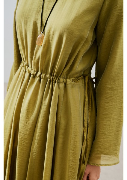 Beli Ayarlamalı Uzun Elbise Sarı