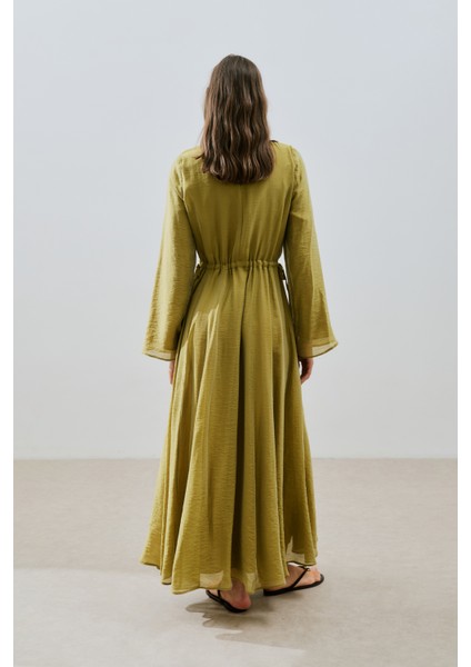 Beli Ayarlamalı Uzun Elbise Sarı