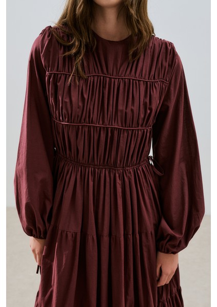 Büzgülü Uzun Kol Elbise Bordo fiyatları
