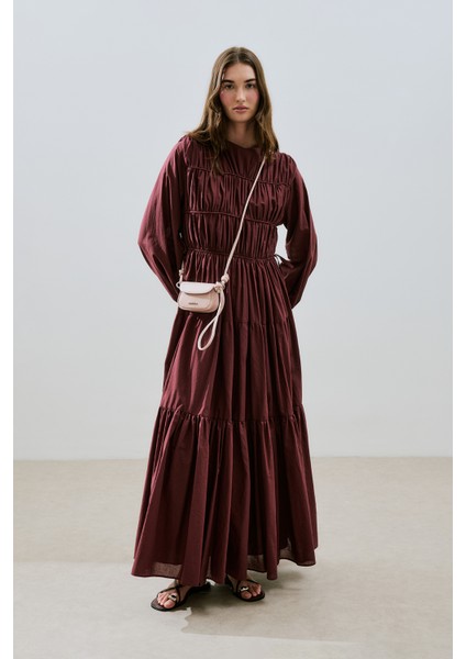 Büzgülü Uzun Kol Elbise Bordo modelleri