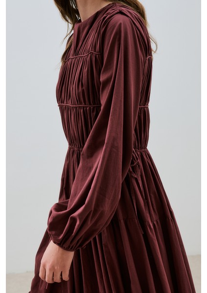 Büzgülü Uzun Kol Elbise Bordo fırsatları