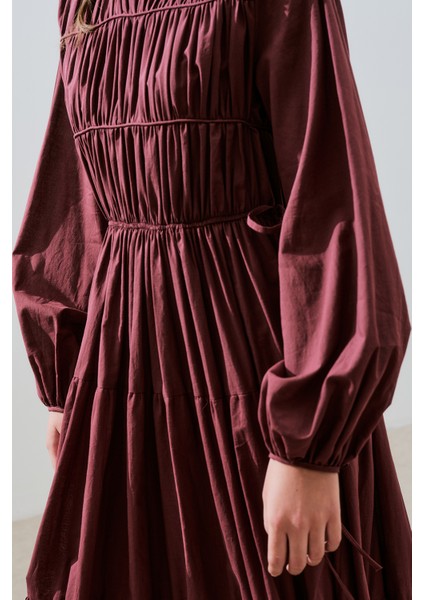 Büzgülü Uzun Kol Elbise Bordo indirimleri