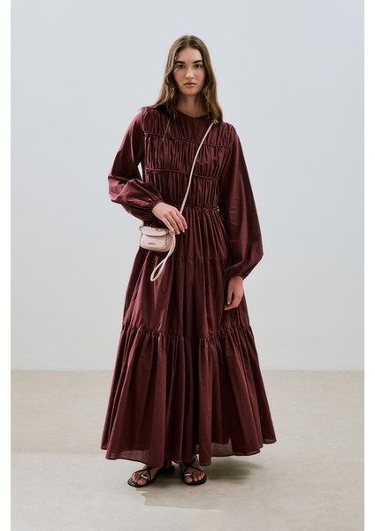 Büzgülü Uzun Kol Elbise Bordo