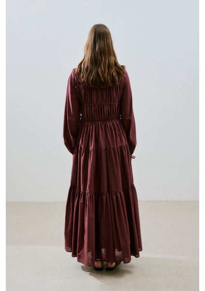 Büzgülü Uzun Kol Elbise Bordo