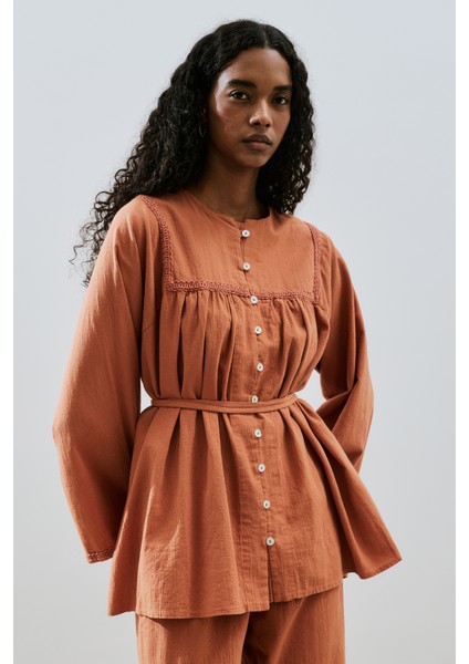 Dokulu Işlemeli Gömlek Tarçın