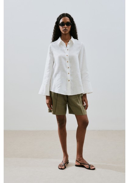 Keten Geniş Manşetli Gömlek Ekru fiyatları