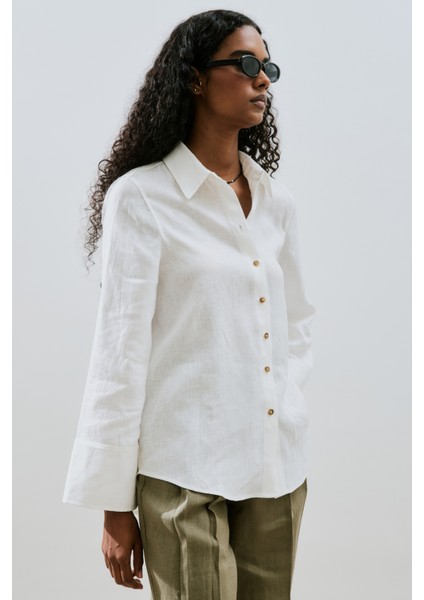 Keten Geniş Manşetli Gömlek Ekru fırsatları