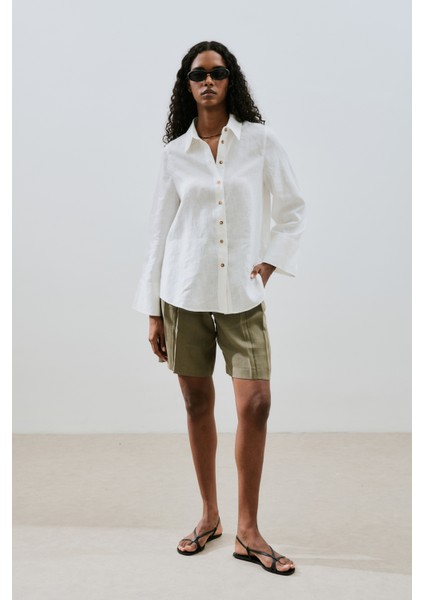 Keten Geniş Manşetli Gömlek Ekru indirimleri