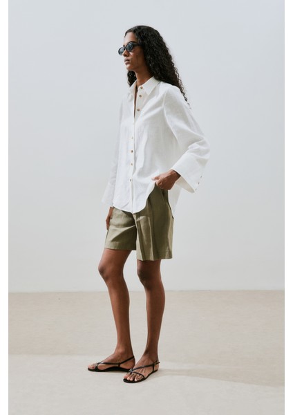 Keten Geniş Manşetli Gömlek Ekru