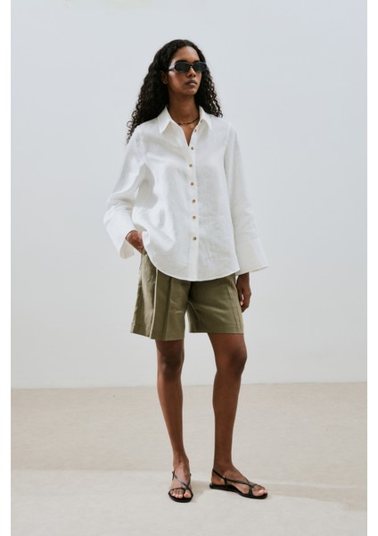 Keten Geniş Manşetli Gömlek Ekru