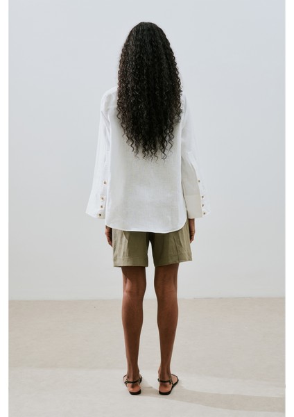 Keten Geniş Manşetli Gömlek Ekru