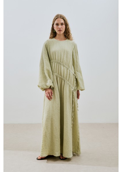 Büzgü Bağlamalı Dokulu Elbise Yeşil