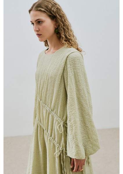 Büzgü Bağlamalı Dokulu Elbise Yeşil modelleri