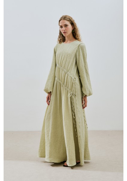 Büzgü Bağlamalı Dokulu Elbise Yeşil indirimleri