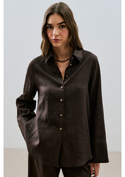 Keten Geniş Manşetli Gömlek Acı Kahve fiyatları