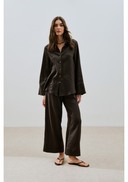 Keten Geniş Manşetli Gömlek Acı Kahve modelleri