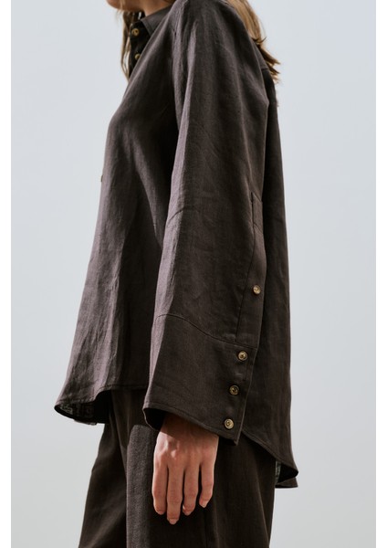 Keten Geniş Manşetli Gömlek Acı Kahve fırsatları