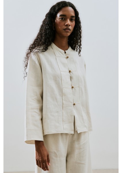 Keten Önden Düğmeli Gömlek Taş