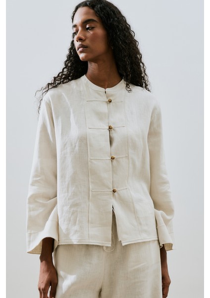 Keten Önden Düğmeli Gömlek Taş modelleri