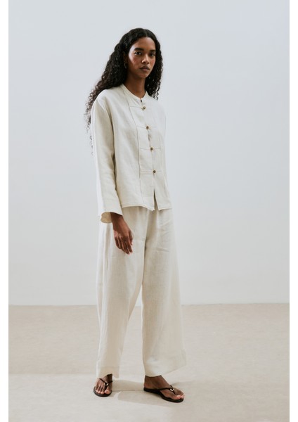 Keten Önden Düğmeli Gömlek Taş fırsatları