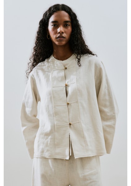 Keten Önden Düğmeli Gömlek Taş