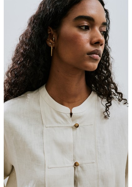 Keten Önden Düğmeli Gömlek Taş