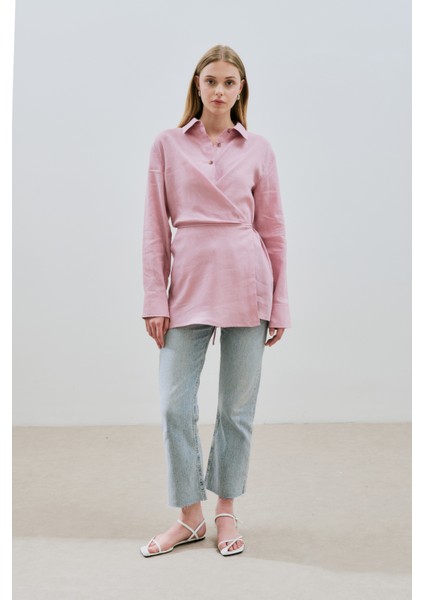 Keten Bağlama Detaylı Gömlek Pembe