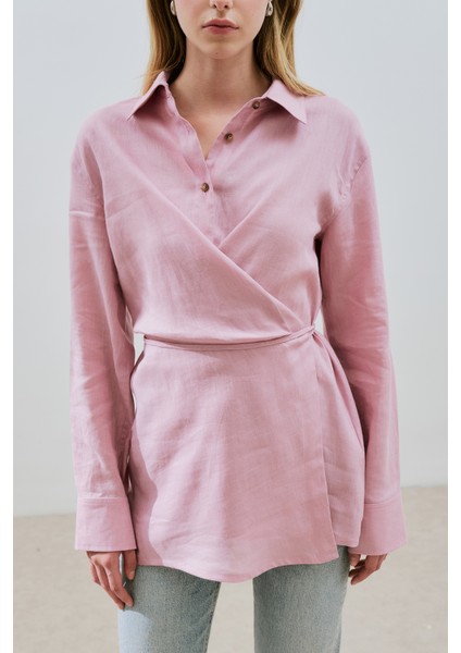Keten Bağlama Detaylı Gömlek Pembe modelleri