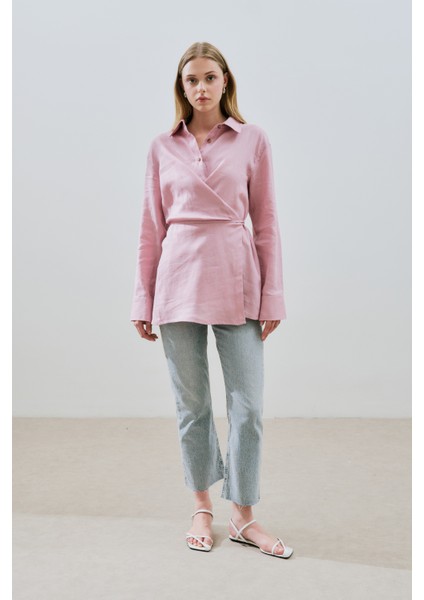 Keten Bağlama Detaylı Gömlek Pembe fırsatları