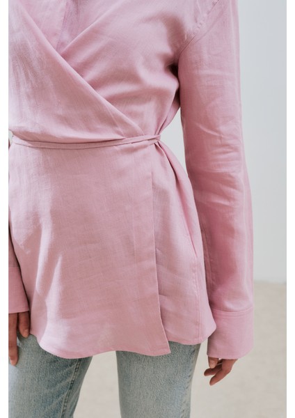 Keten Bağlama Detaylı Gömlek Pembe