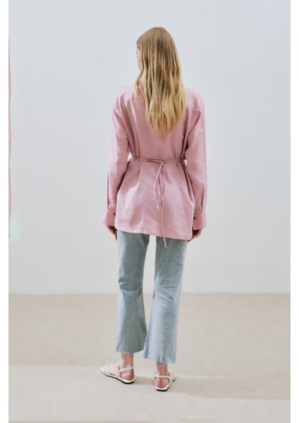 Keten Bağlama Detaylı Gömlek Pembe