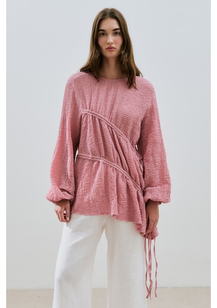 Büzgü Bağlamalı Dokulu Tunik Pembe fiyatları