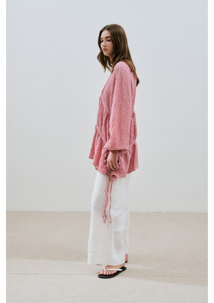 Büzgü Bağlamalı Dokulu Tunik Pembe modelleri