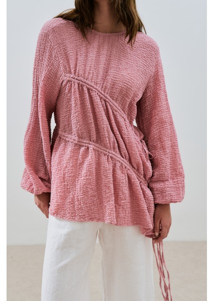 Büzgü Bağlamalı Dokulu Tunik Pembe indirimleri
