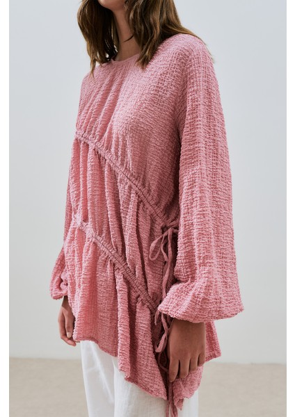 Büzgü Bağlamalı Dokulu Tunik Pembe