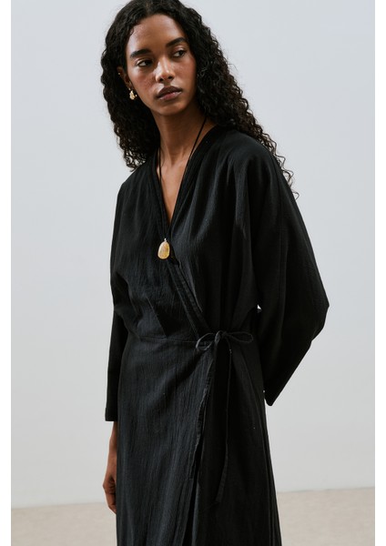 Dokulu Kruvaze Kapamalı Elbise Siyah modelleri