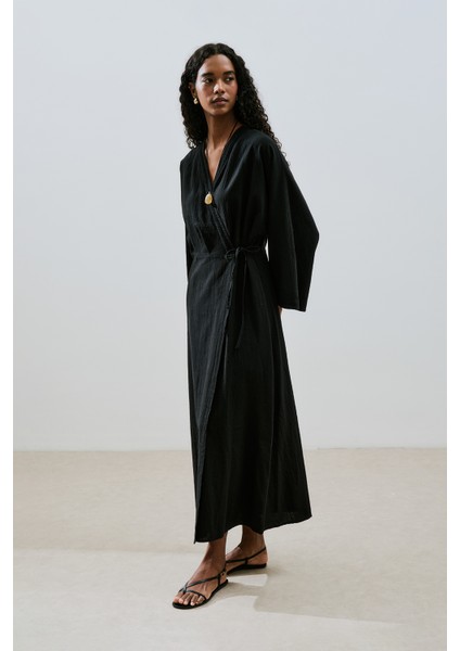 Dokulu Kruvaze Kapamalı Elbise Siyah indirimleri