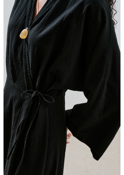 Dokulu Kruvaze Kapamalı Elbise Siyah