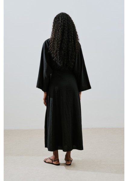 Dokulu Kruvaze Kapamalı Elbise Siyah