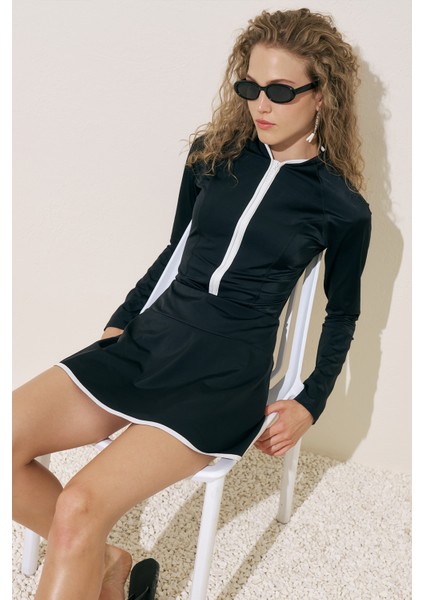 Şerit Detaylı Mayo Etek Siyah