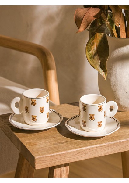 Karişik Ayı Teddy Baskılı 2 Kişilik Porselen Kahve Fincan Takımı 90 ml (W5)