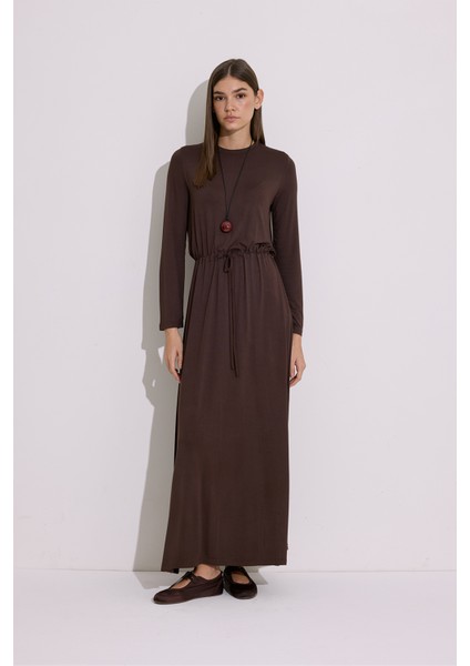 Dökümlü Uzun Kol Elbise Kahverengi fiyatları