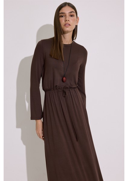 Dökümlü Uzun Kol Elbise Kahverengi modelleri