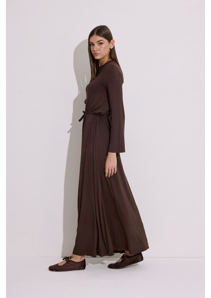 Dökümlü Uzun Kol Elbise Kahverengi indirimleri