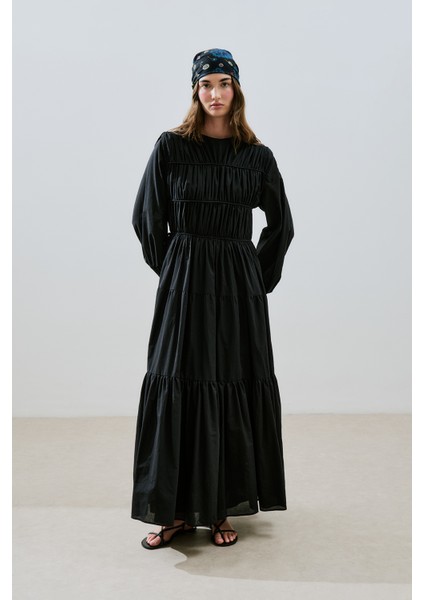 Büzgülü Uzun Kol Elbise Siyah