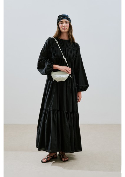 Büzgülü Uzun Kol Elbise Siyah fiyatları