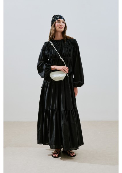 Büzgülü Uzun Kol Elbise Siyah modelleri