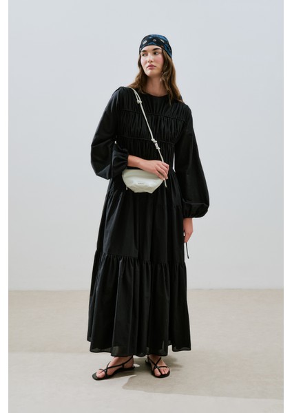 Büzgülü Uzun Kol Elbise Siyah indirimleri