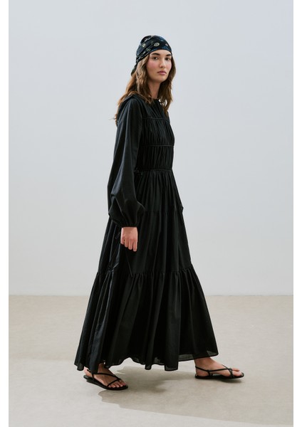 Büzgülü Uzun Kol Elbise Siyah