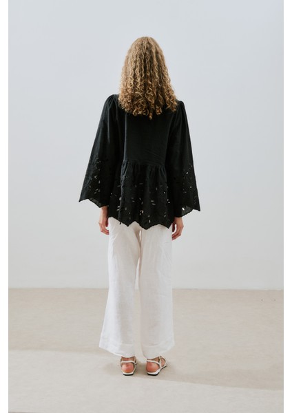 Bağlamalı Nakışlı Tunik Siyah